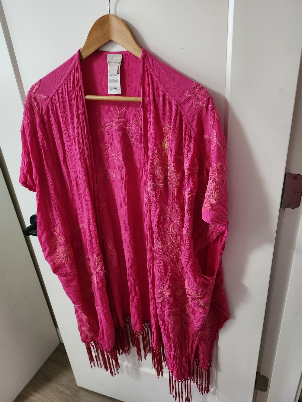 Chico's Vibrant Fuchsia Embroidered Kimono With Fringe